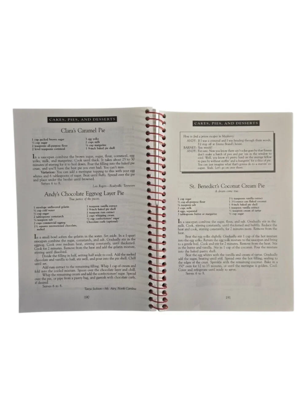 Aunt Bee's Mayberry Cookbook Andy Griffith Show Spiral Bound Southern Recipes